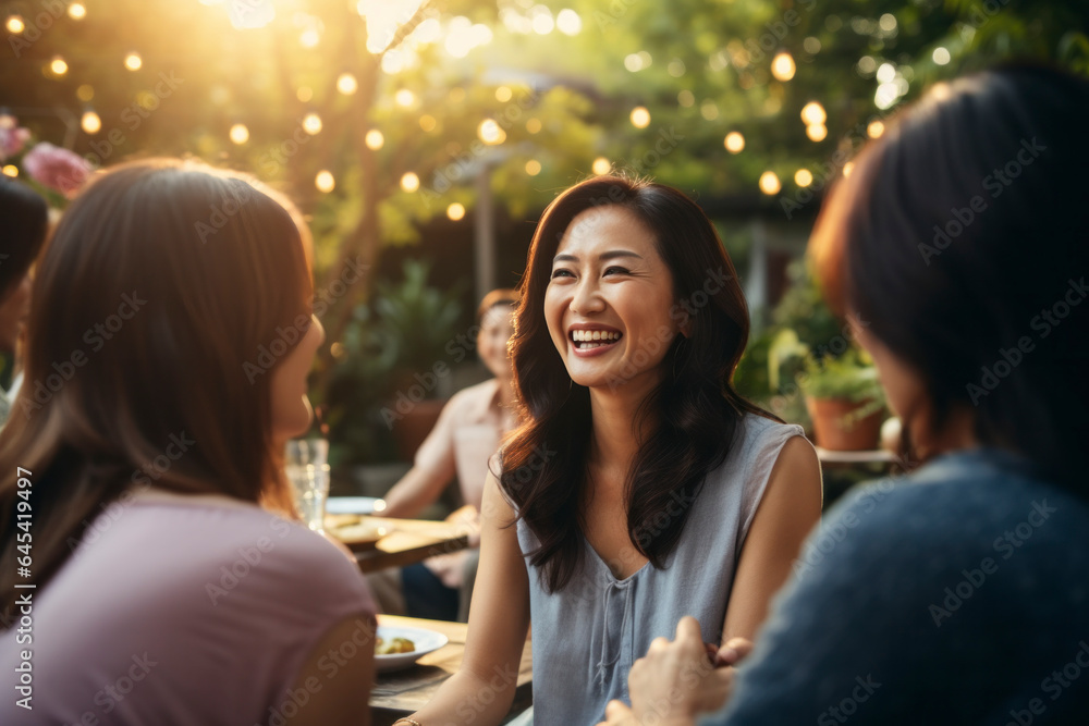 Senior Asian women enjoy lively conversations and laughter,celebrating togetherness and friendship, savoring food and coffee in a beautiful garden cafe, - obrazy, fototapety, plakaty 