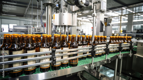 Glass bottles of beer. Concept brewery plant production line.