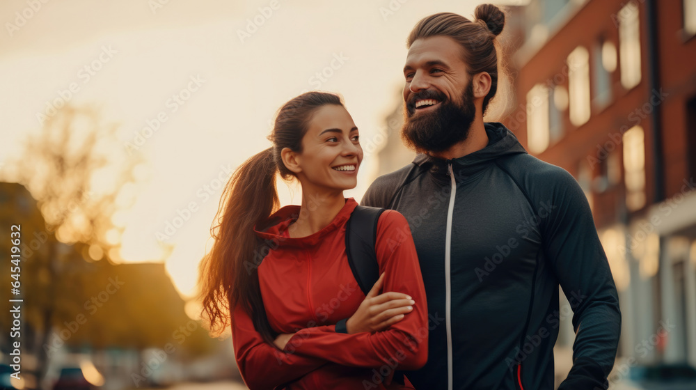 Obraz premium Couple stretching outdoors before morning run. Handsome bearded man and attractive sporty woman running on the street.