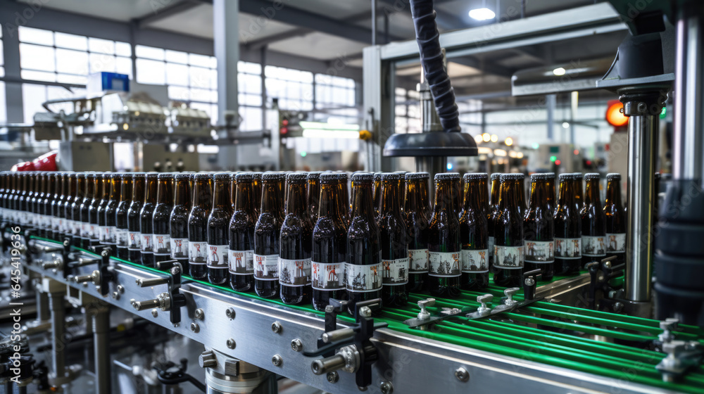 Naklejka premium Glass bottles of beer. Concept brewery plant production line.