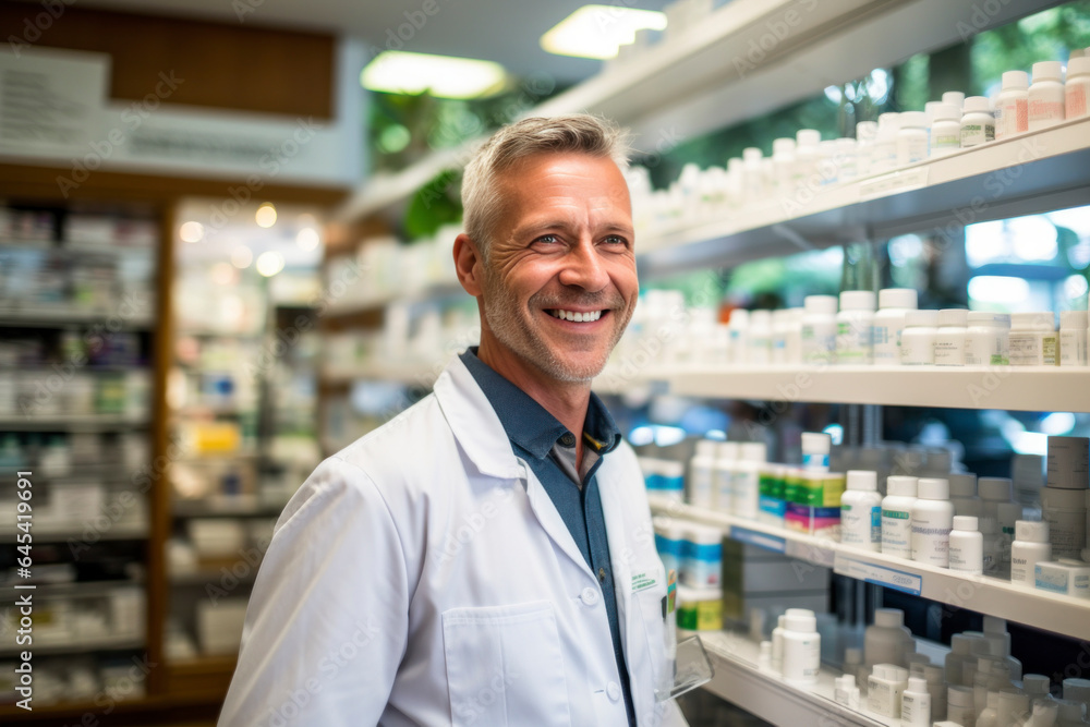 A professional pharmacist in his 40s, dressed in a lab coat, stands in the pharmacy, expertly dispensing medicine and providing healthcare service