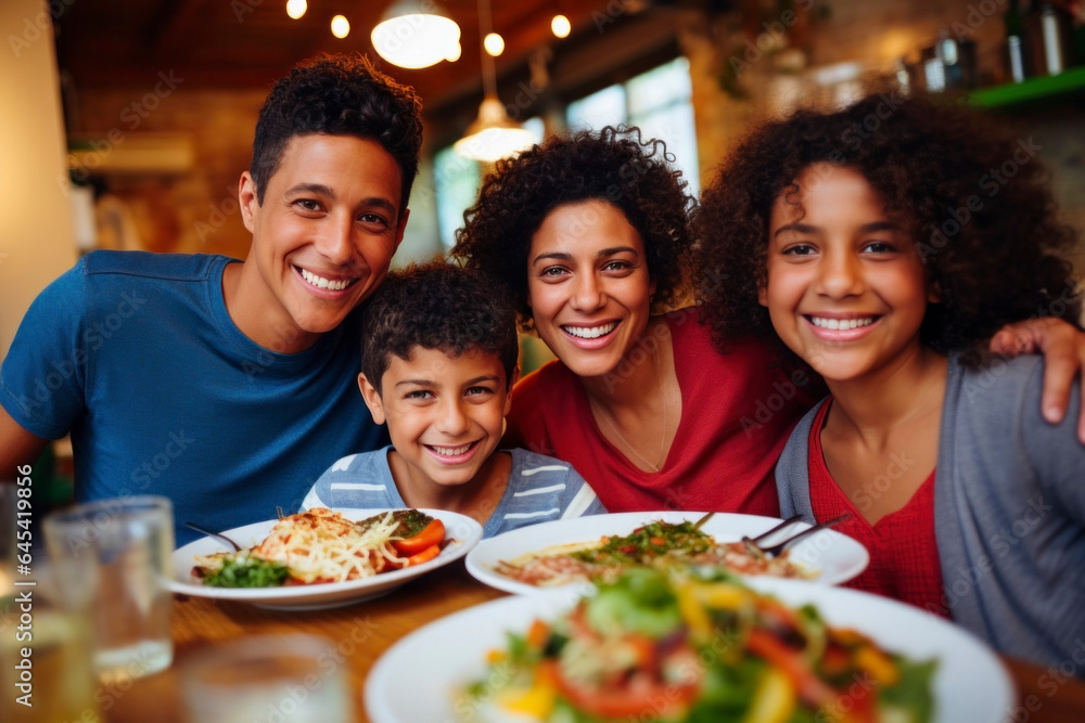 Fototapeta premium A joyful family shares a healthy meal, filled with smiles and laughter, whether dining at home or enjoying a restaurant outing