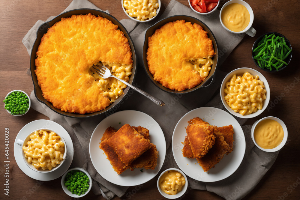 Comfort food flat lay featuring mac and cheese, fried chicken, and cornbread Comfort food flat lay featuring mac and cheese, fried chicken, and cornbread