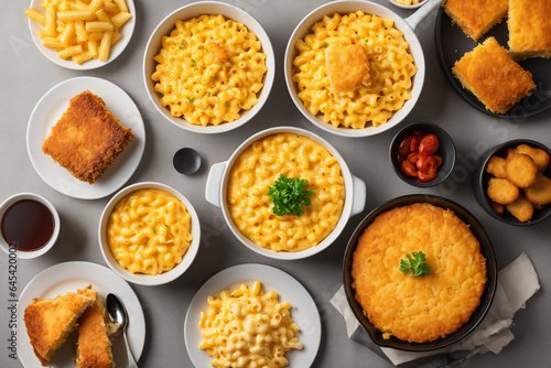 Comfort food flat lay featuring mac and cheese, fried chicken, and cornbread