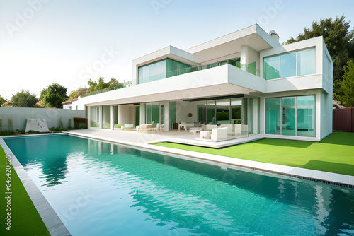 Beautiful modern house with garden and pool. Green ecology minimalist concepts