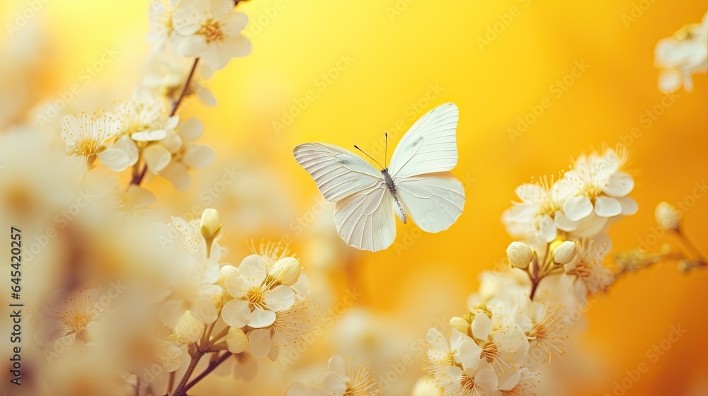  a white butterfly sitting on a white flower with a yellow background.  generative ai