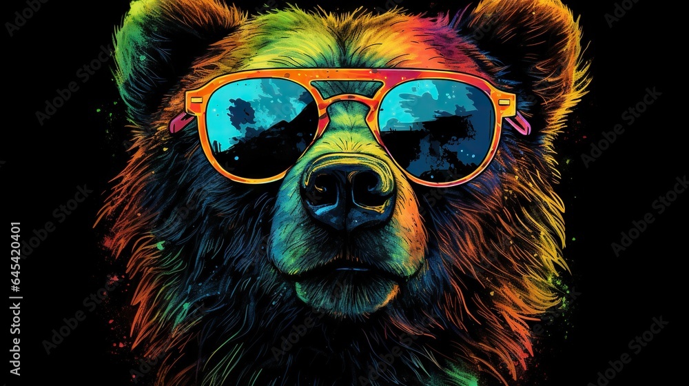  a bear wearing sunglasses and a tie on a black background.  generative ai