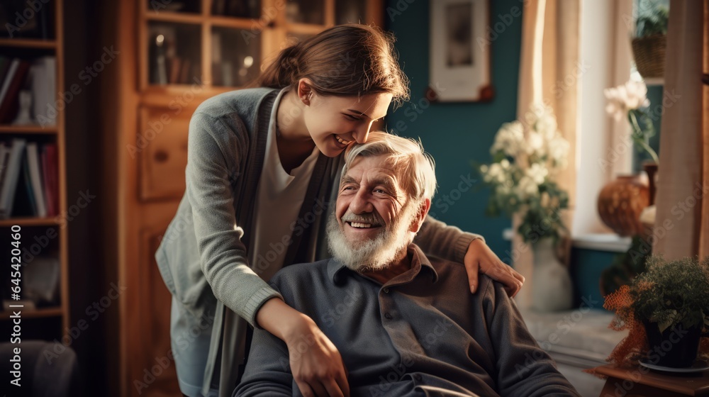 elderly old aged man being cared for by a caregiver - obrazy, fototapety, plakaty 