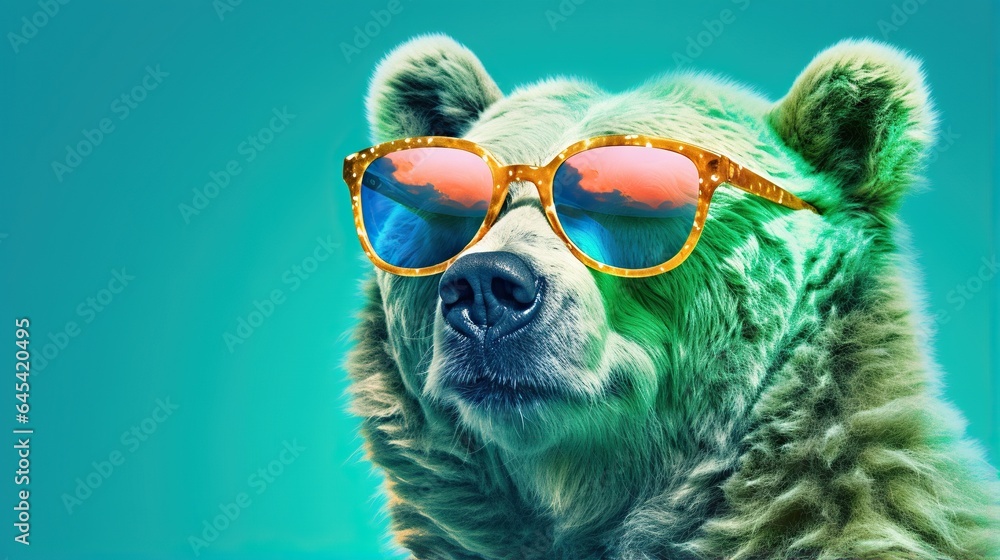  a bear with sunglasses on its head and a blue background.  generative ai