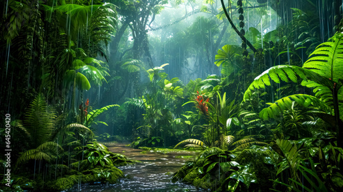 river and rain in the tropical jungle. plants and trees
