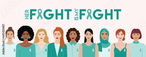 Ovarian, Cervical cancer Awareness Month. We fight together phrase. Diverse women with teal ribbons on chest stand together against cancer. Cancer prevention, women health vector illustration
