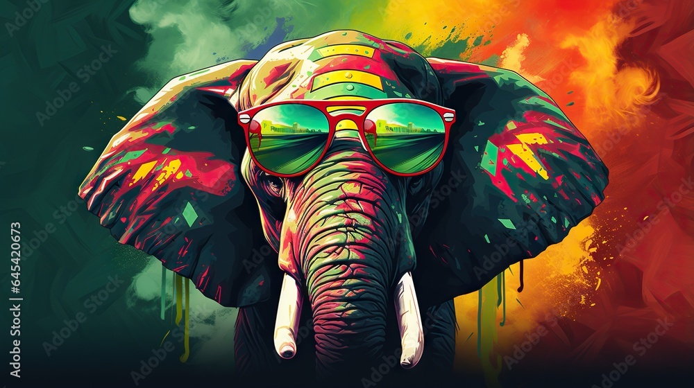  an elephant wearing sunglasses and a colorful background is featured in this image.  generative ai