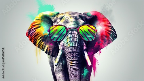  an elephant with sunglasses on its head with paint splatters on it. generative ai