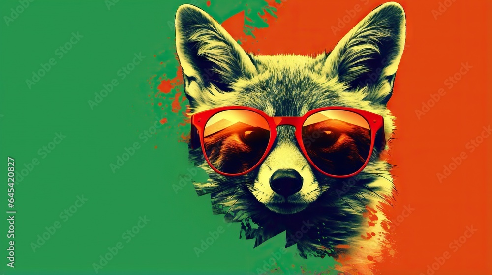  a dog wearing red sunglasses and a green background with a splash of paint.  generative ai