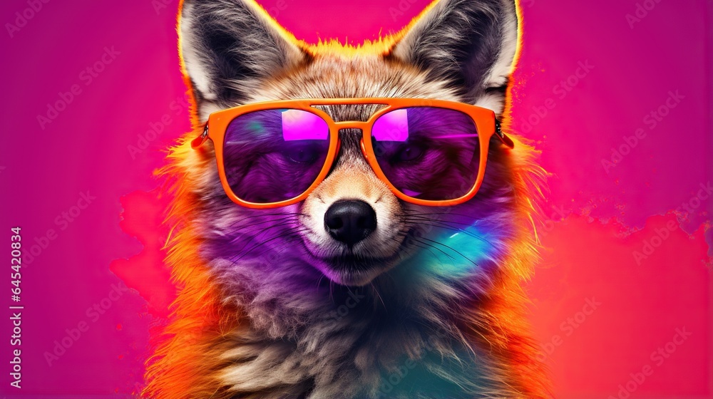 a dog with sunglasses on its head and a pink background. generative ai a dog with sunglasses on its head and a pink background. generative ai