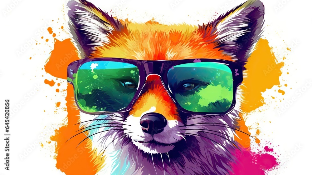  a colorful fox wearing sunglasses with a splash of paint behind it.  generative ai
