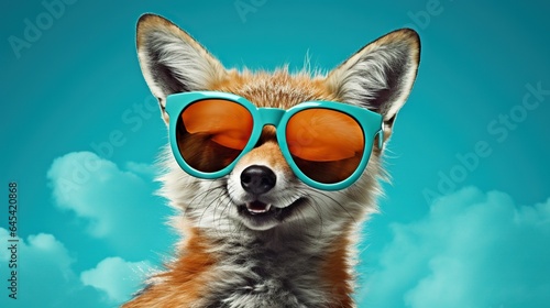  a fox with sunglasses on its head and a sky background. generative ai