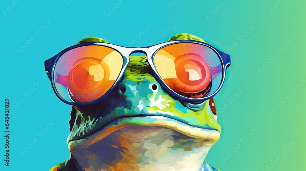  a frog with sunglasses on its face and a blue background.  generative ai
