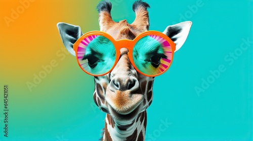 a giraffe wearing a pair of sunglasses with a colorful background. generative ai