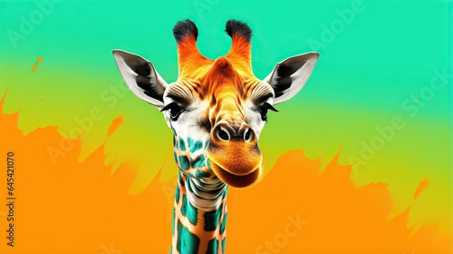  a close up of a giraffe's face with a green and yellow background. generative ai