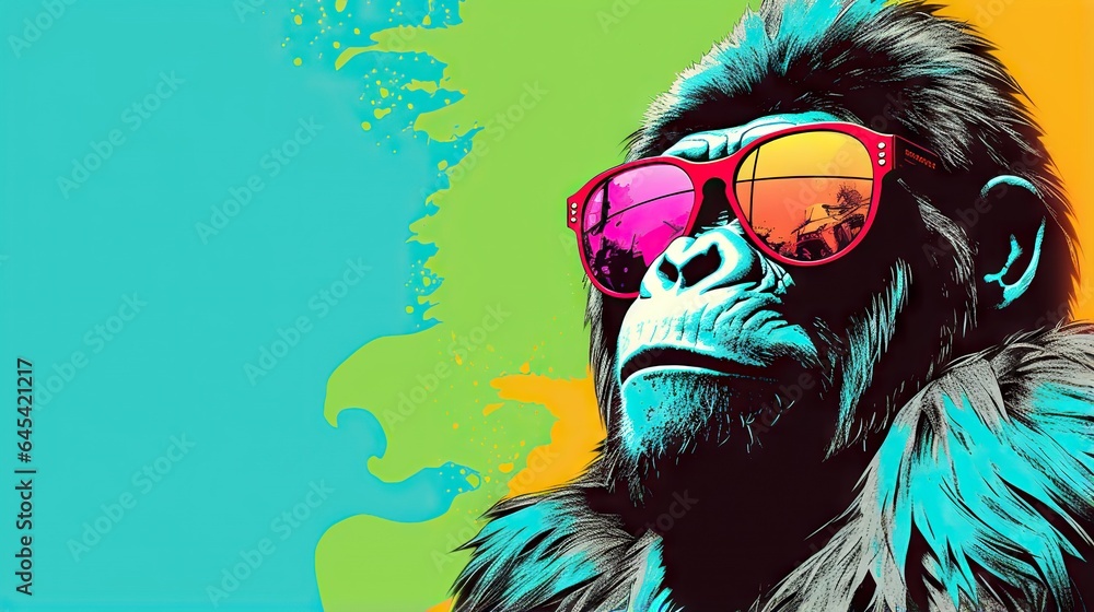  a monkey wearing sunglasses and a jacket with a colorful background.  generative ai