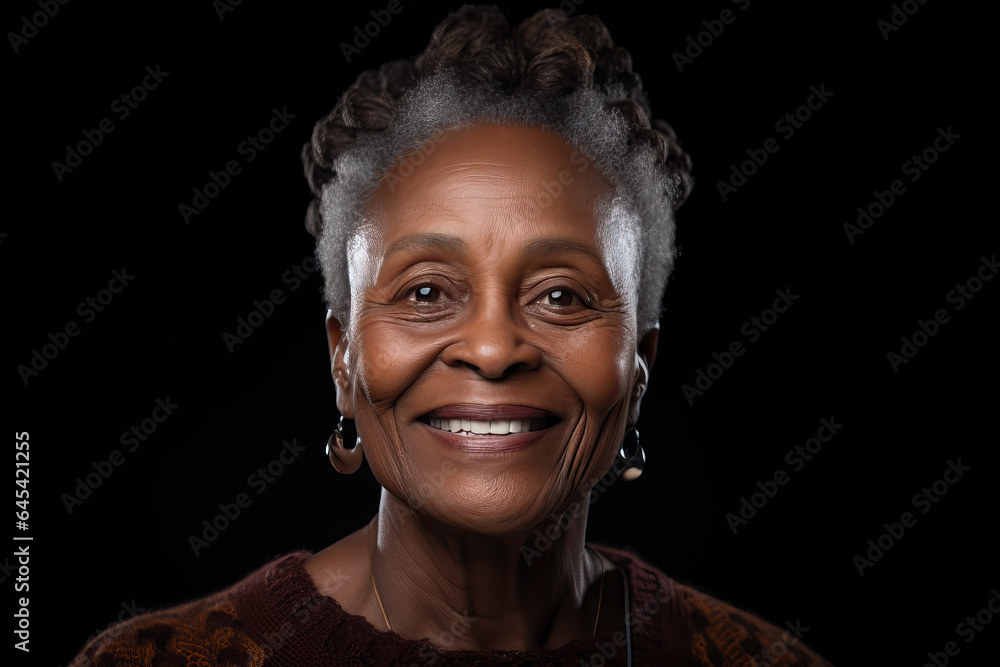 portrait of an older beautidful black woman on black background, ai generated
