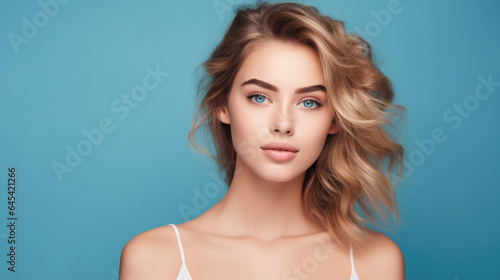 Beautiful young woman with clean perfect skin. Portrait of beauty model with natural nude make up and touching her face. Spa, skincare and wellness. Close up, blue background