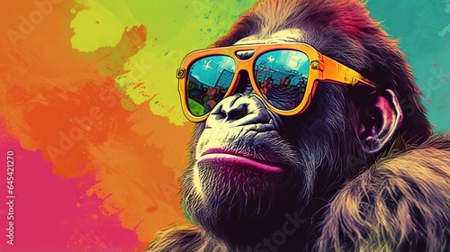  a monkey wearing sunglasses and a jacket with a colorful background.  generative ai © Shanti
