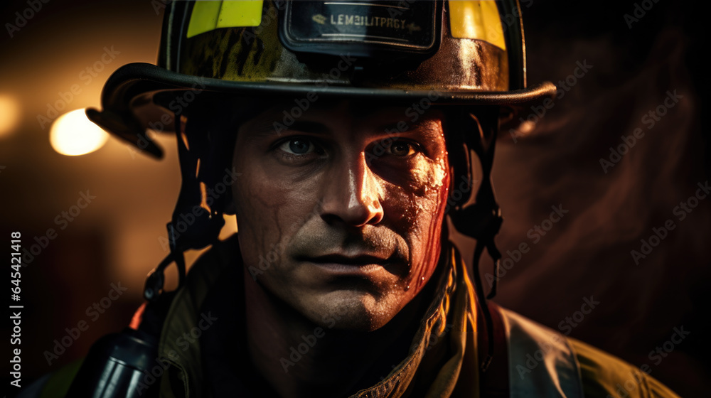 Portrait of a male firefighter in equipment against the background of a burning fire Portrait of a male firefighter in equipment against the background of a burning fire