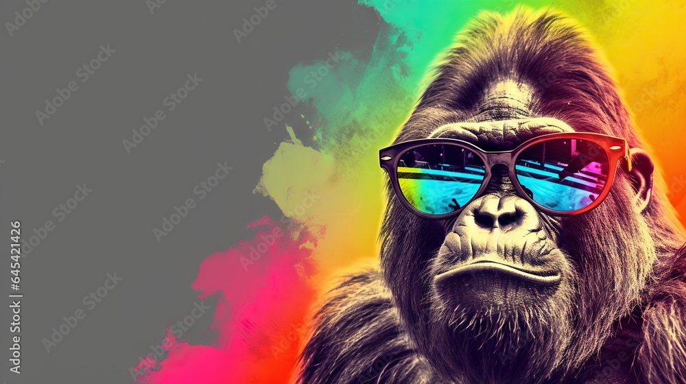  a gorilla wearing sunglasses and a rainbow colored sky behind it.  generative ai