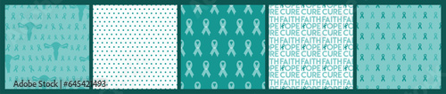 Set of Ovarian and Cervical Cancer Awareness Month teal backgrounds. Seamless pattern with teal cancer ribbons and uterus. Cancer prevention, women health illustration