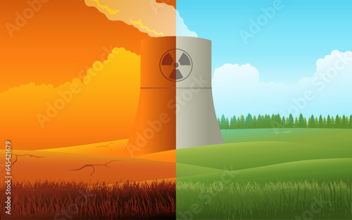Environmental duality of nuclear power plant. On the left, barren land represents habitat disruption from radioactive leaks. On the right, lush green grasslands signify clean energy benefits