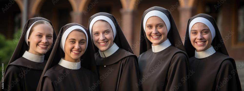 Portrait of a group of nuns against the background of a church