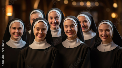 Portrait of a group of nuns against the background of a church