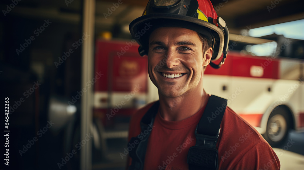 Firefighter portrait on duty. Photo of happy fireman near fire engine Firefighter portrait on duty. Photo of happy fireman near fire engine