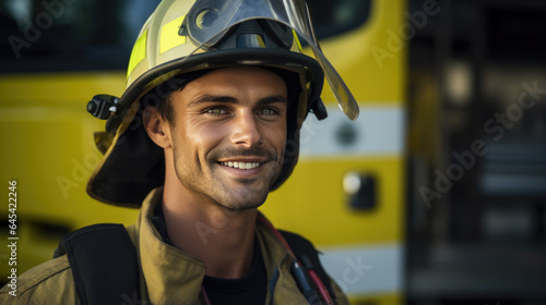 Firefighter portrait on duty. Photo of happy fireman near fire engine
