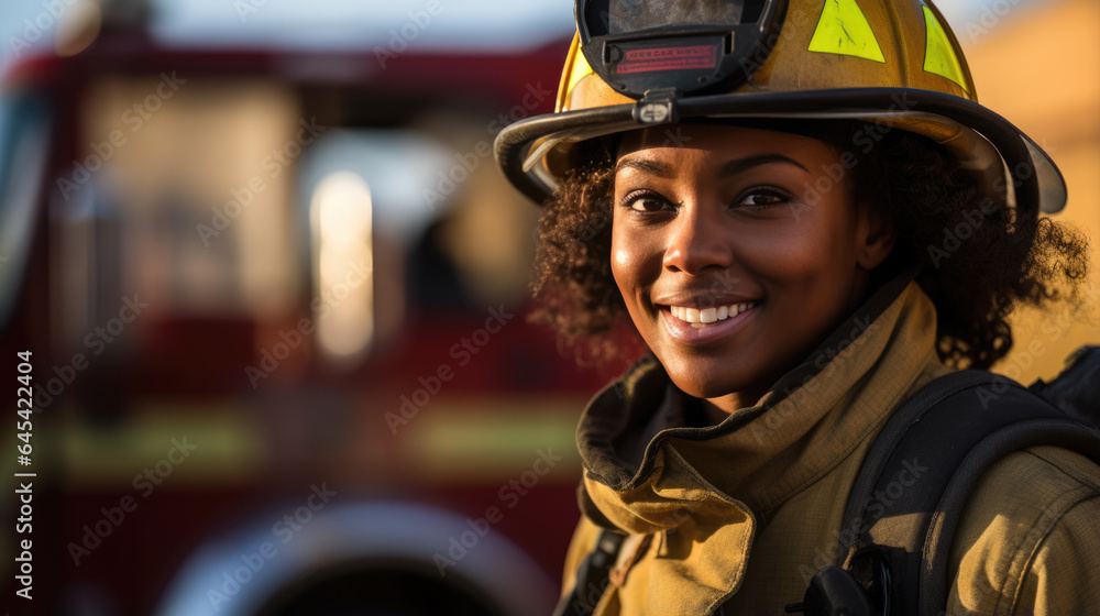 Firefighter portrait on duty. Photo of female fireman near fire engine Firefighter portrait on duty. Photo of female fireman near fire engine