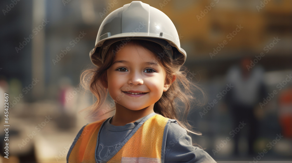 Joyful Young Girl in Construction Worker Attire Building a Structure at a Construction Site: Captured in Photography. Joyful Young Girl in Construction Worker Attire Building a Structure at a Construction Site: Captured in Photography.