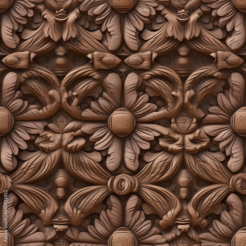 Seamless pattern of carved geometric wall covering pattern in a dark wood grain background © saranya