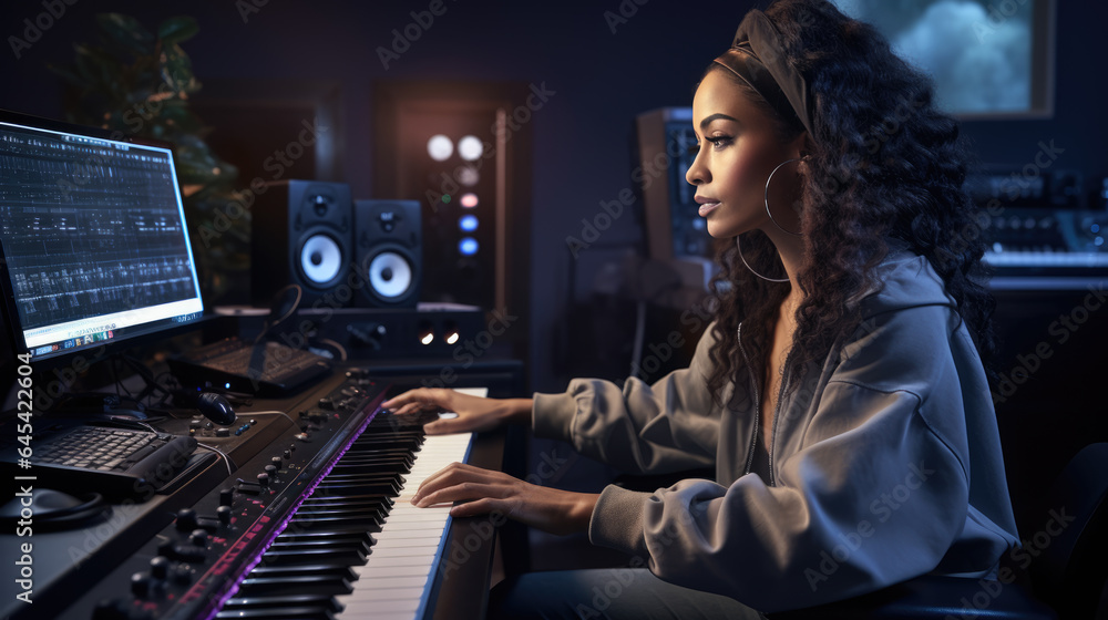 Portrait of Female Audio Engineer Working in Music Recording Studio, Uses Mixing Board Create Modern Sound. - obrazy, fototapety, plakaty 