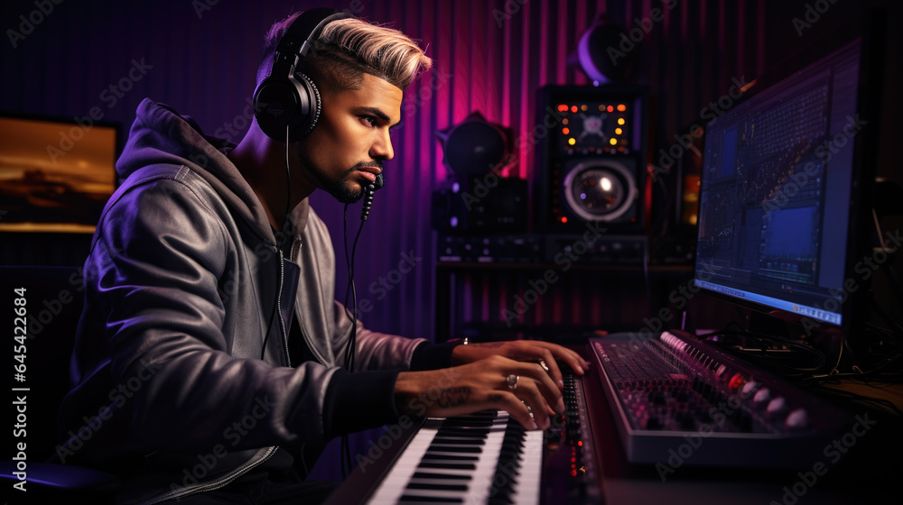 Portrait of Audio Engineer Working in Music Recording Studio, Uses Mixing Board Create Modern Sound. Portrait of Audio Engineer Working in Music Recording Studio, Uses Mixing Board Create Modern Sound.