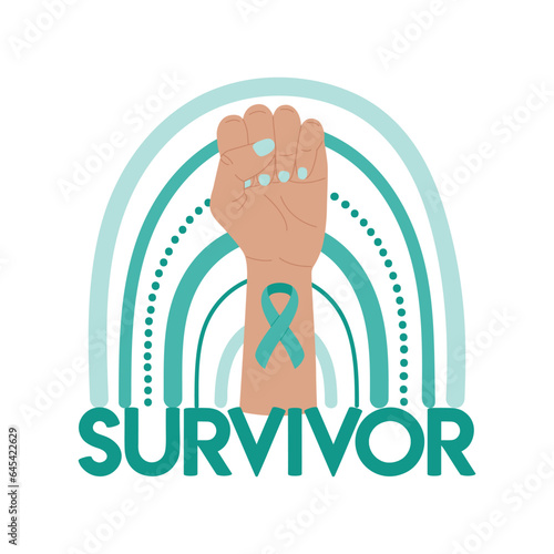 Ovarian and Cervical Cancer Awareness Month illustration. Teal cancer ribbon on raised fist and rainbow. Cancer survivor phrase. Cancer prevention and women health care illustration