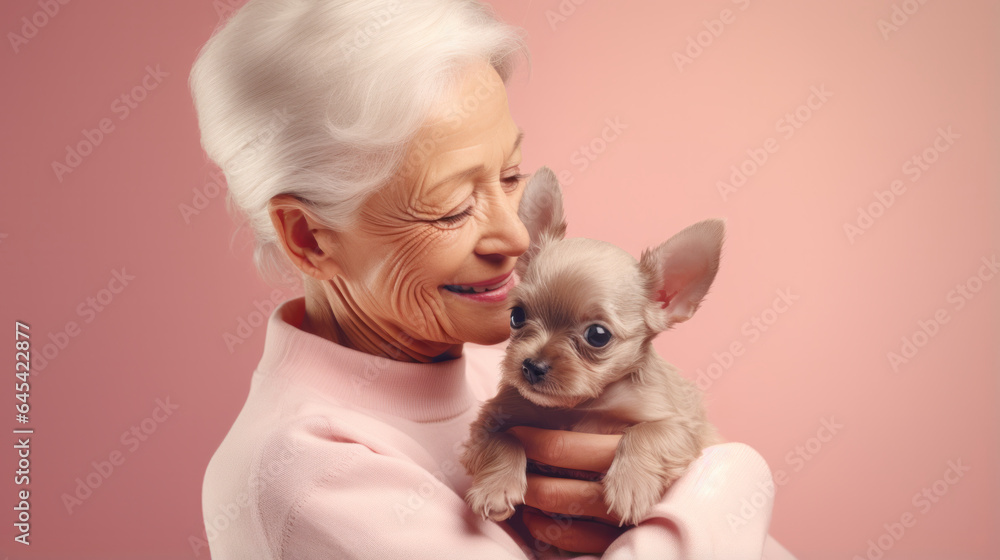Senior Woman Lovingly Cradles Adorable Puppy in Her Arms Against Pastel Pink Backdrop. Senior Woman Lovingly Cradles Adorable Puppy in Her Arms Against Pastel Pink Backdrop.