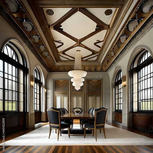 Interior de uma sala de jantar clássica com teto de madeira e vitrais photo