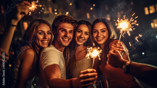 Party with friends. Group of cheerful young people carrying sparklers and champagne flutes