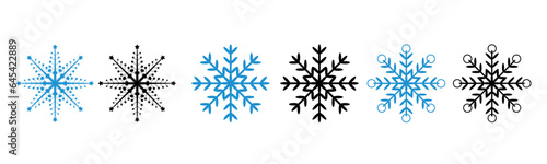 Set black and blue snowflake icons collection with white background.