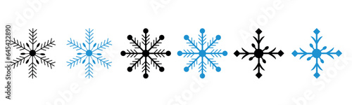 Set black and blue snowflake icons collection with white background.