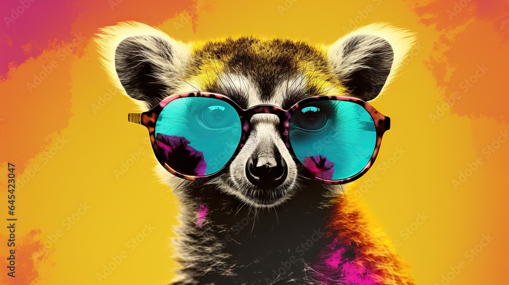  a picture of a raccoon wearing sunglasses with a yellow background.  generative ai