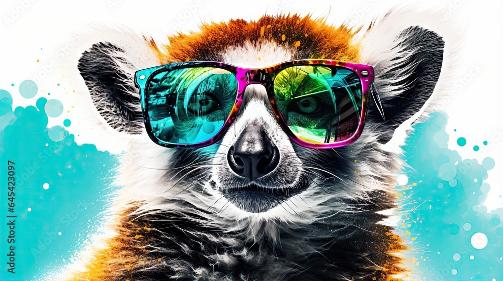  a close up of a raccoon wearing sunglasses with a blue background.  generative ai