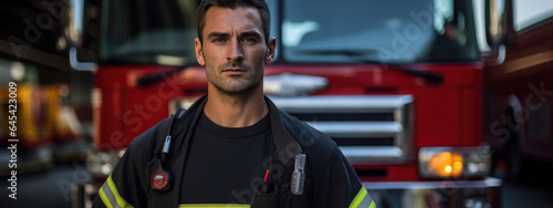 Firefighter portrait on duty. Photo of fireman near fire engine